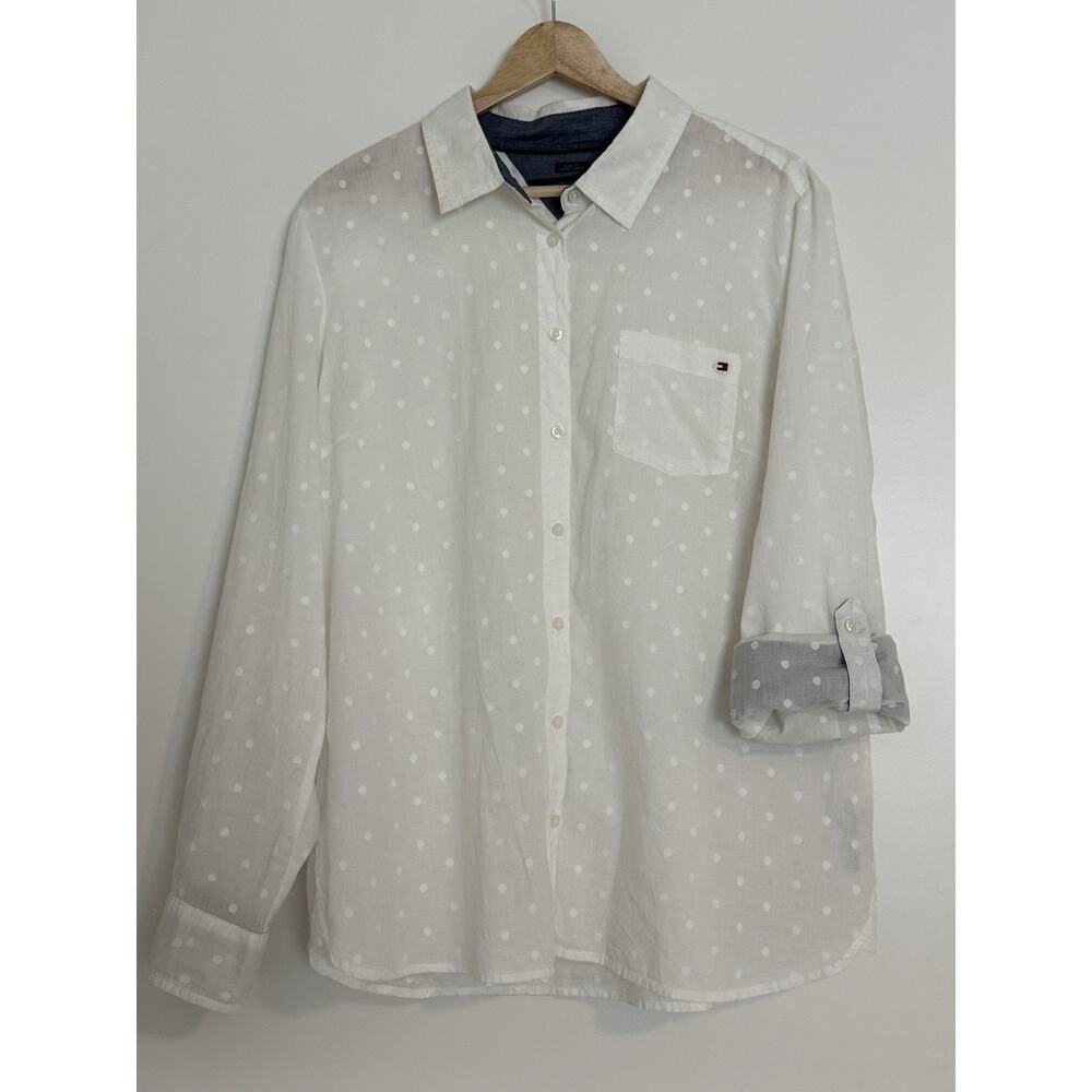 Tommy Hilfiger Shirt Womens XL White Polka Dot Long Sleeve Button Down
